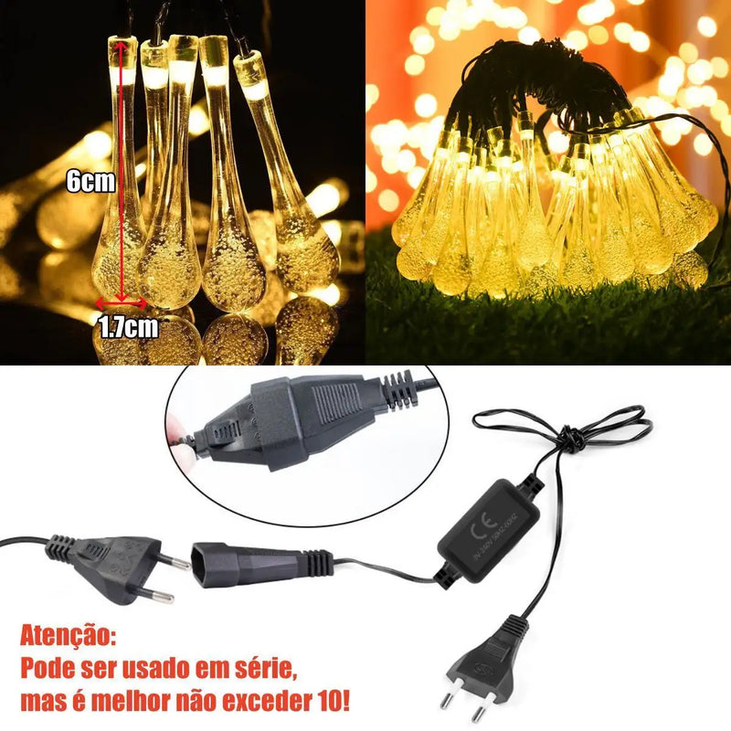 Cordão de Luzes LED Solar Gotas d'Água 40/60 LEDs à Prova d'Água para Decoração Natalina