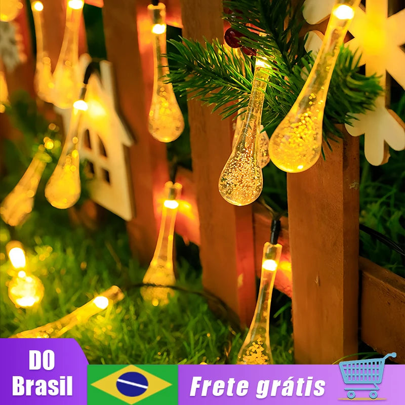 Cordão de Luzes LED Solar Gotas d'Água 40/60 LEDs à Prova d'Água para Decoração Natalina