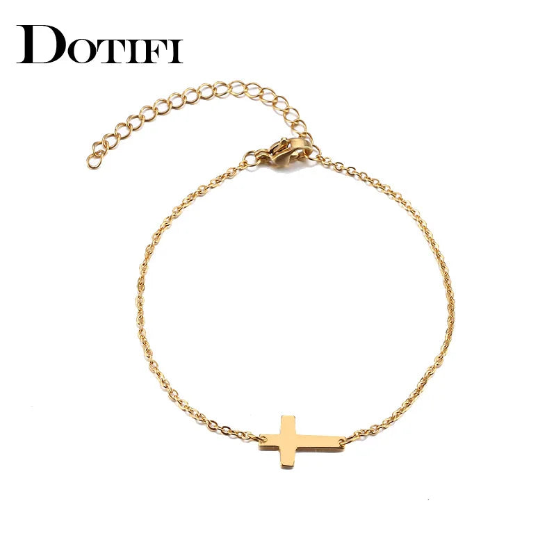 Pulseira de Aço Inoxidável DOTIFI com Cruz Dourada - Joia Elegante para Mulheres e Homens, Ideal para Noivado! - IMPORTADO