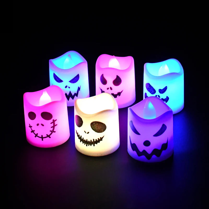 6 peças de luz de vela de abóbora fantasma de LED de Halloween, lâmpada brilhante, decoração de bar em casa, casa mal-assombrada, adereços de terror - IMPORTADO