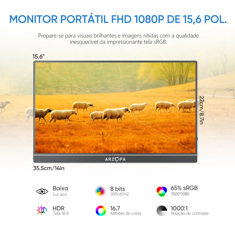 Monitor Portátil Arzopa de 15.6 Polegadas FHD 1080P - Monitor Secundário Externo com HDMI e USB para PC, Laptop, Mac, Switch, Xbox e PS4! - IMPORTADO