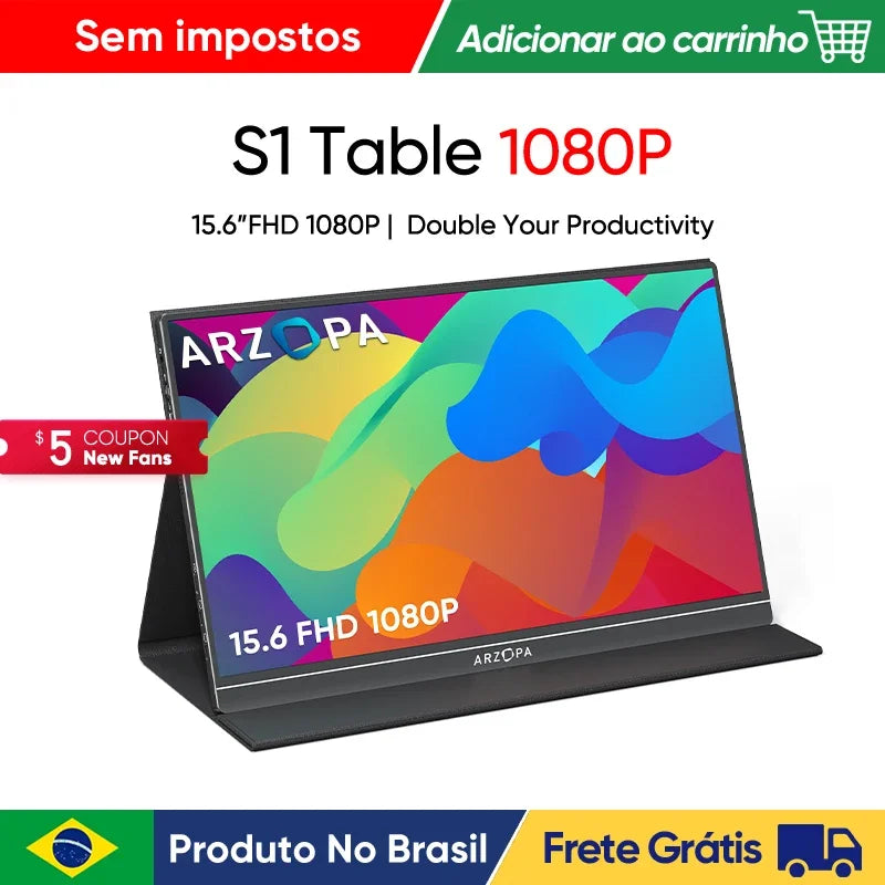 Monitor Portátil Arzopa de 15.6 Polegadas FHD 1080P - Monitor Secundário Externo com HDMI e USB para PC, Laptop, Mac, Switch, Xbox e PS4! - IMPORTADO