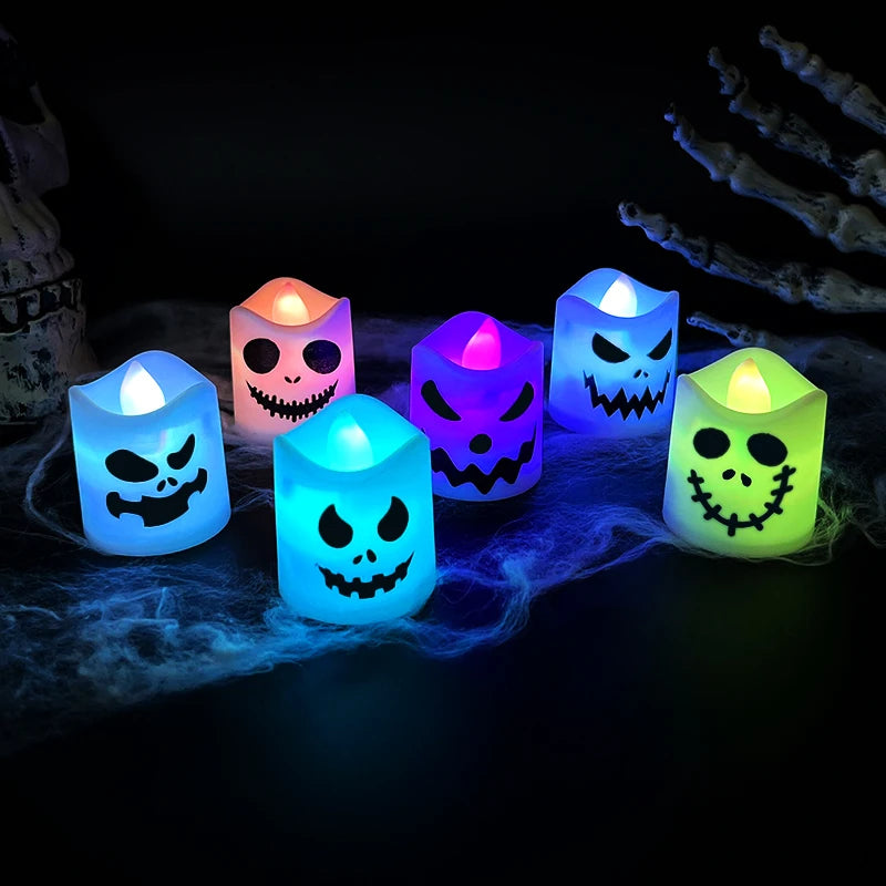 6 peças de luz de vela de abóbora fantasma de LED de Halloween, lâmpada brilhante, decoração de bar em casa, casa mal-assombrada, adereços de terror - IMPORTADO