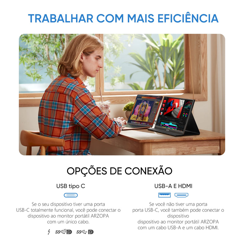 Monitor Portátil Arzopa de 15.6 Polegadas FHD 1080P - Monitor Secundário Externo com HDMI e USB para PC, Laptop, Mac, Switch, Xbox e PS4! - IMPORTADO