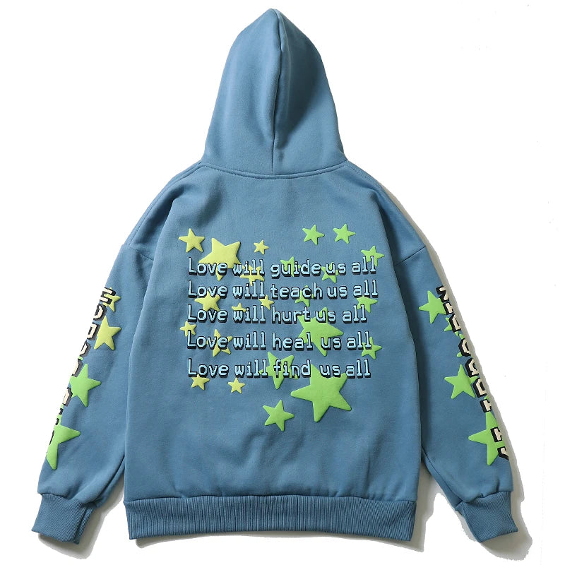 Moletom Fleece Unissex com Estampa de Letras e Estrelas em Espuma - Casual, Retro, Outono e Inverno