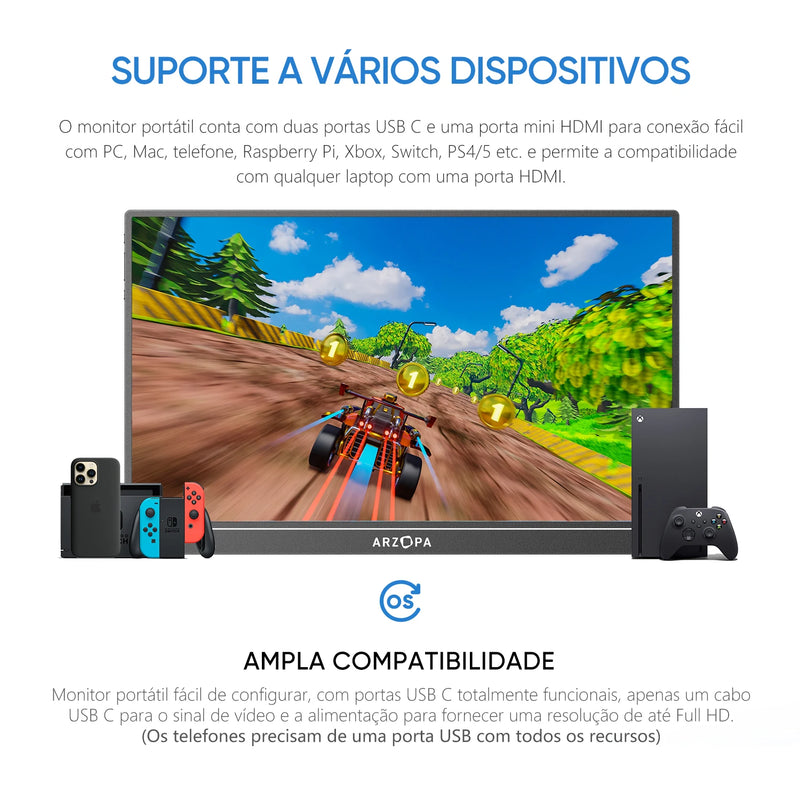 Monitor Portátil Arzopa de 15.6 Polegadas FHD 1080P - Monitor Secundário Externo com HDMI e USB para PC, Laptop, Mac, Switch, Xbox e PS4! - IMPORTADO