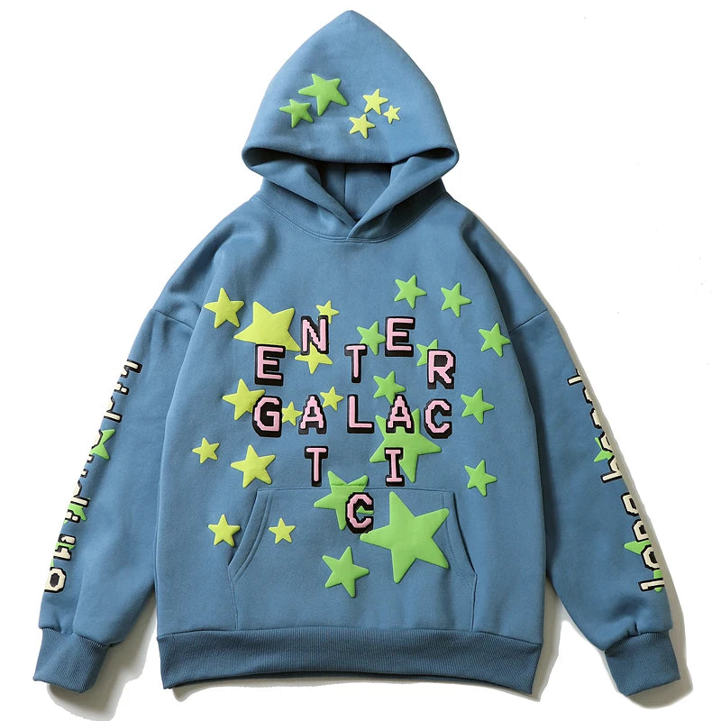 Moletom Fleece Unissex com Estampa de Letras e Estrelas em Espuma - Casual, Retro, Outono e Inverno