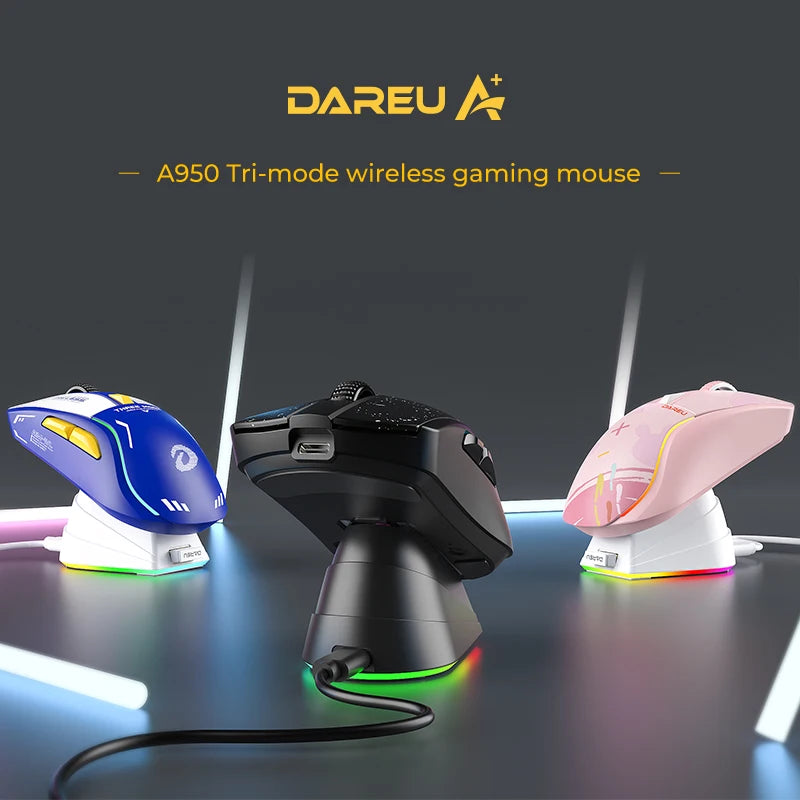 Mouse Gamer DAREU para PC com Conexão Tri-Modo: Bluetooth, Fio e Sem Fio 2.4G com Base de Carregamento e Botões KBS para Gamers de Laptop - IMPORTADO